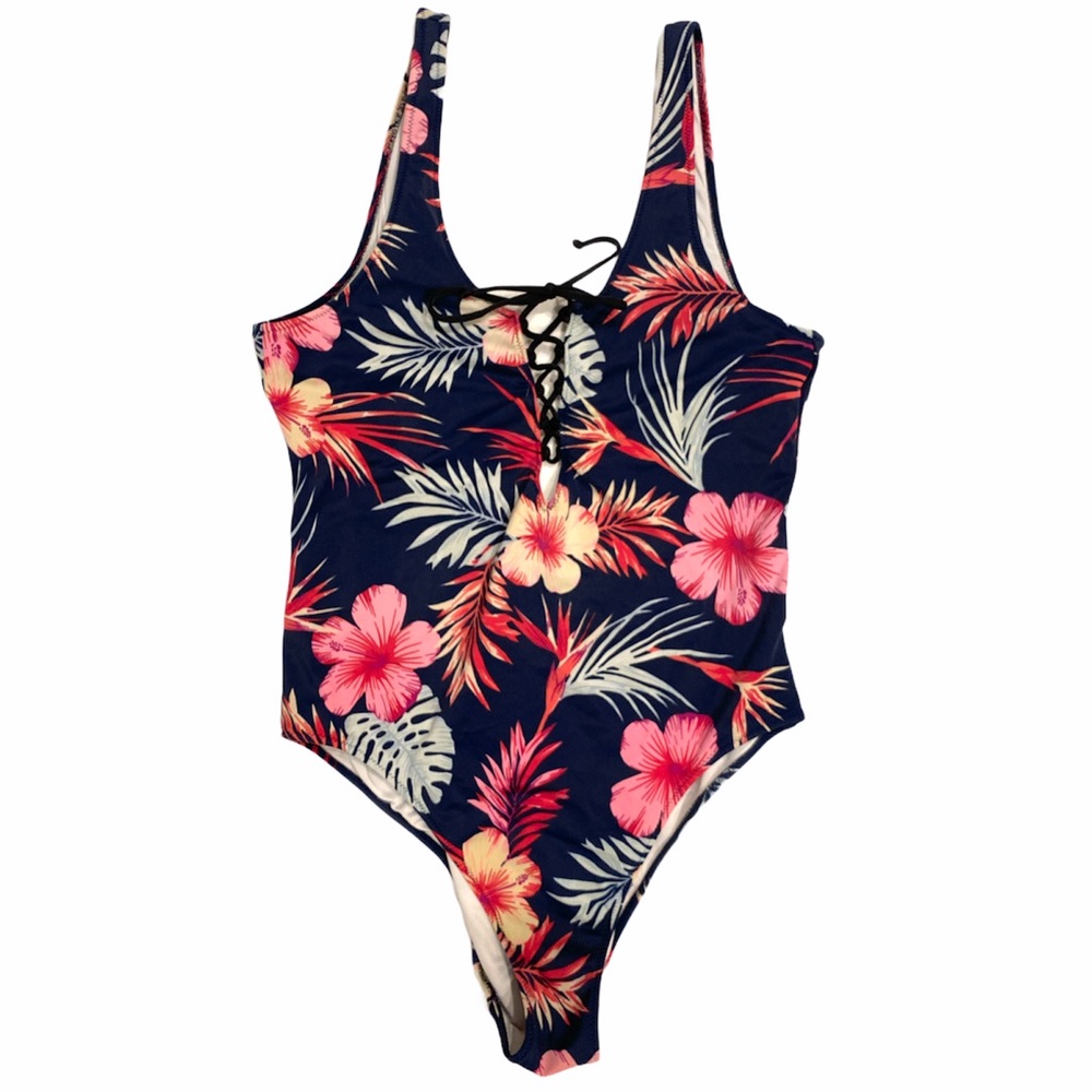 VS PINK blue tropical printed floral lace up swimsuit